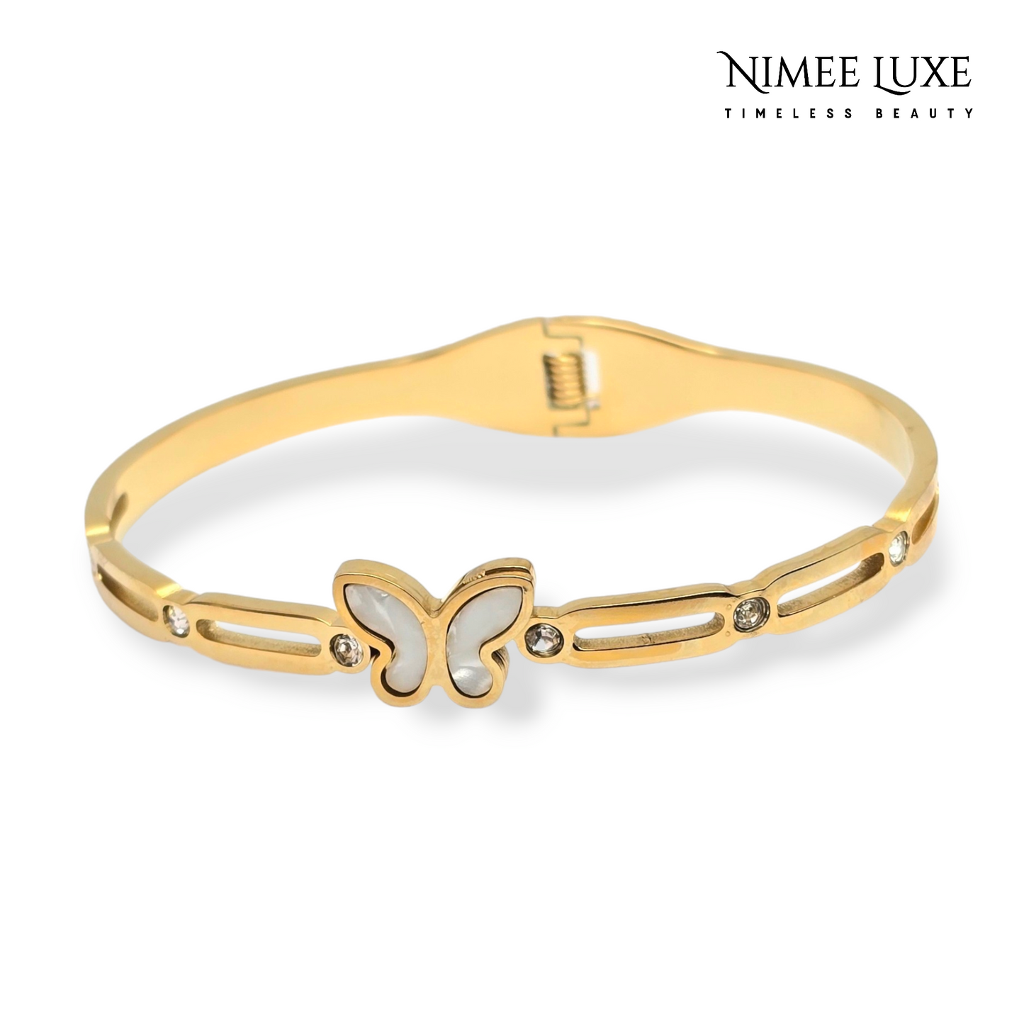 Butterfly Pearl Cuff Bangle Bracelet Kada Gold NLK151G Gold Plated, Waterproof and Anti-Tarnish