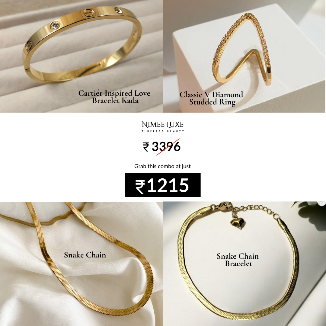 Snake Chain + Snake Bracelet + Classic V Diamond Studded Adjustable Ring + Cartier Inspired Love Bracelet Kada Gold Plated Combo
