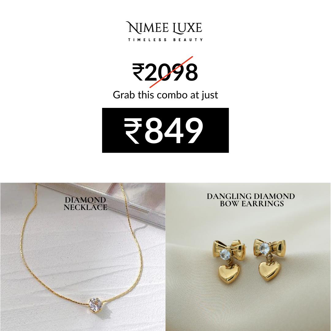 Diamond Necklace NLCP105G Gold Plated + Dangling Diamond Bow Earrings Gold Plated Combo