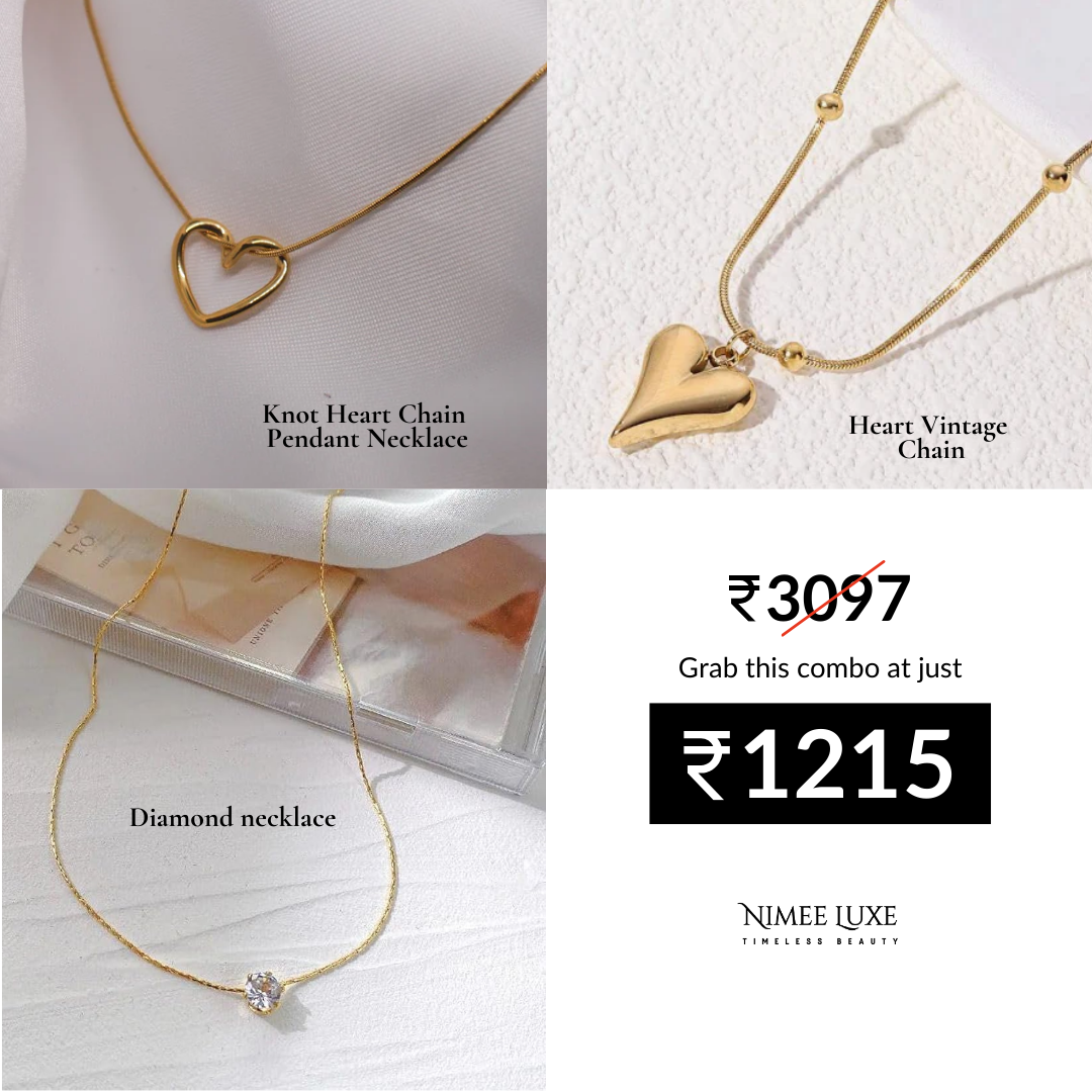 Diamond Necklace NLCP105G Gold Plated + Heart Vintage Chain Necklace Gold Plated + Knot Heart Chain Pendant Necklace Gold Plated Combo