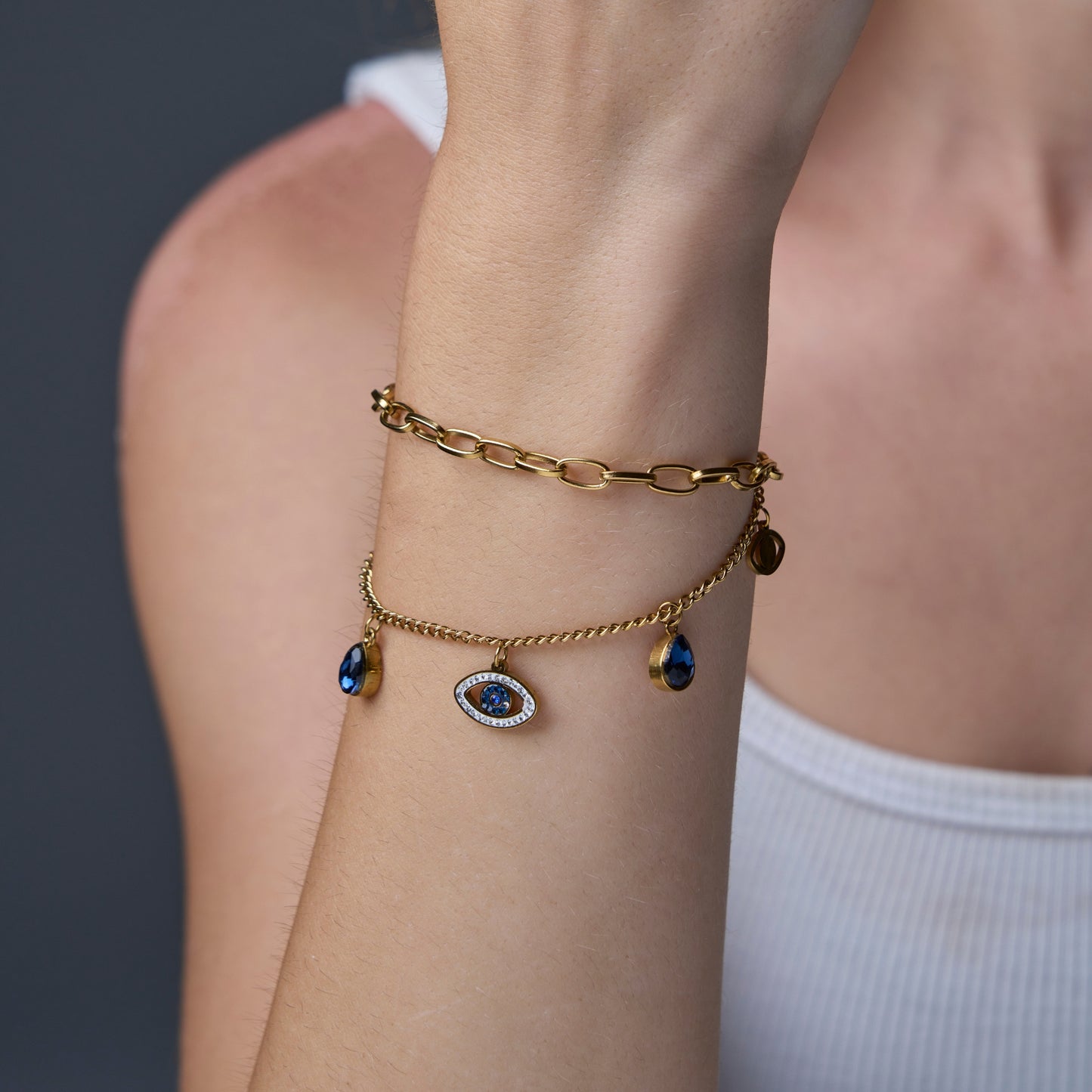 Blue Evil Eye Charms Bracelet Gold