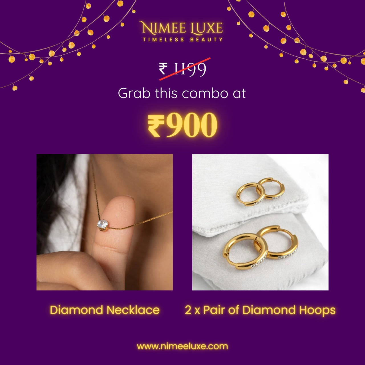 Diamond Necklace + 2 x Pair of Diamond Hoops Combo