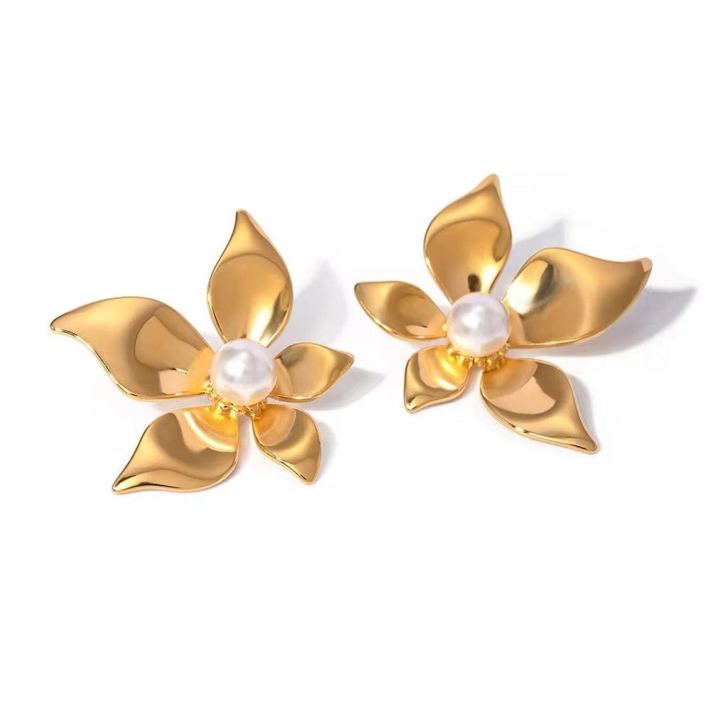 Golden Bloom Pearl Flower Stud Earrings