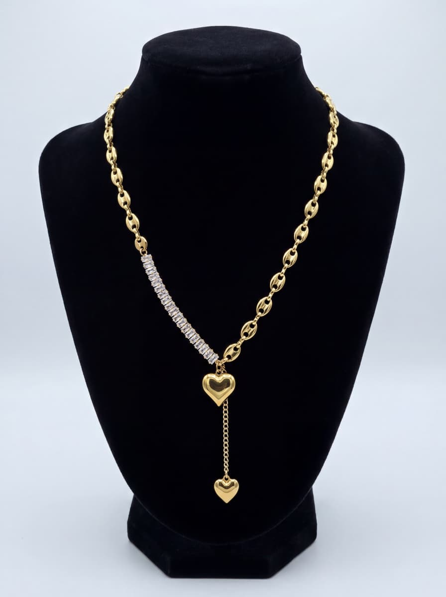 Gold Heart Charm Necklace with Zircon Studded Chain