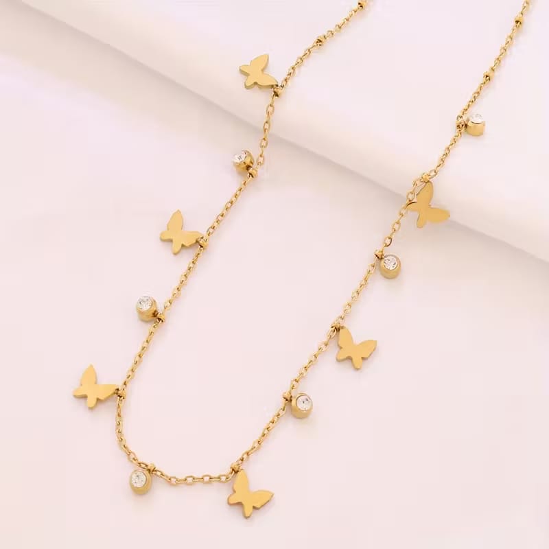 Butterfly Diamond Charms Necklace Gold Plated, Waterproof and Anti-Tarnish