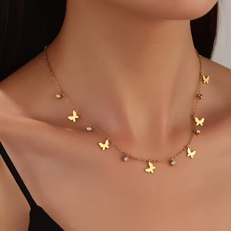 Butterfly Diamond Charms Necklace Gold Plated, Waterproof and Anti-Tarnish