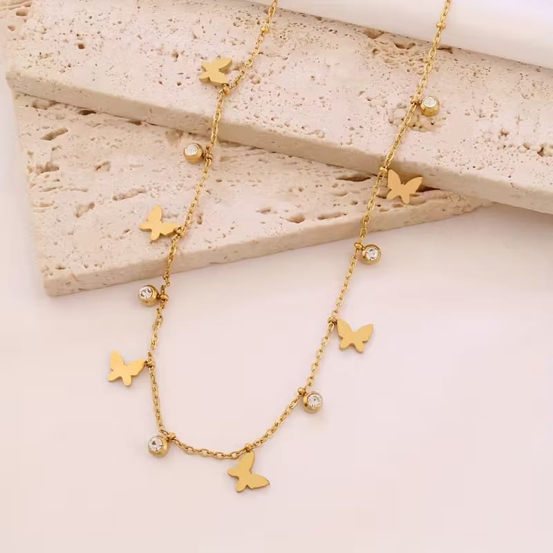 Butterfly Diamond Charms Necklace Gold Plated, Waterproof and Anti-Tarnish