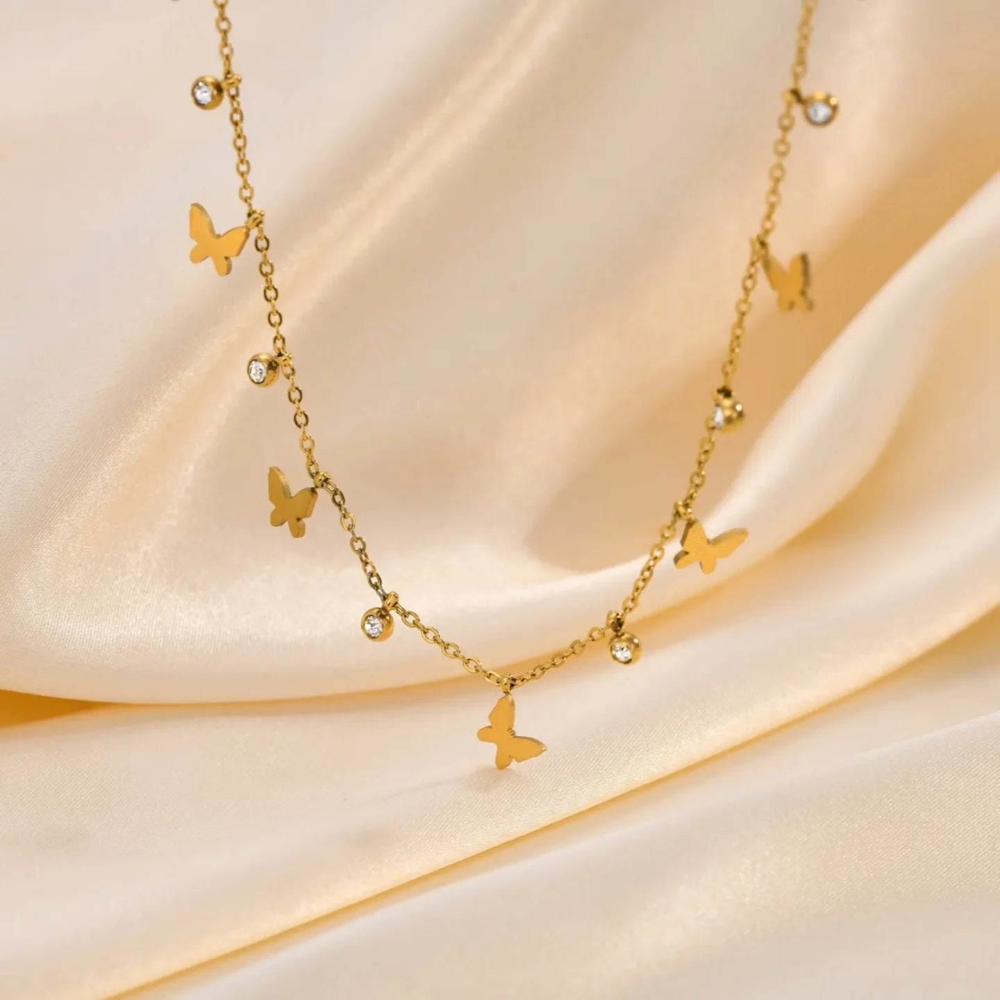 Butterfly Diamond Charms Necklace Gold Plated, Waterproof and Anti-Tarnish