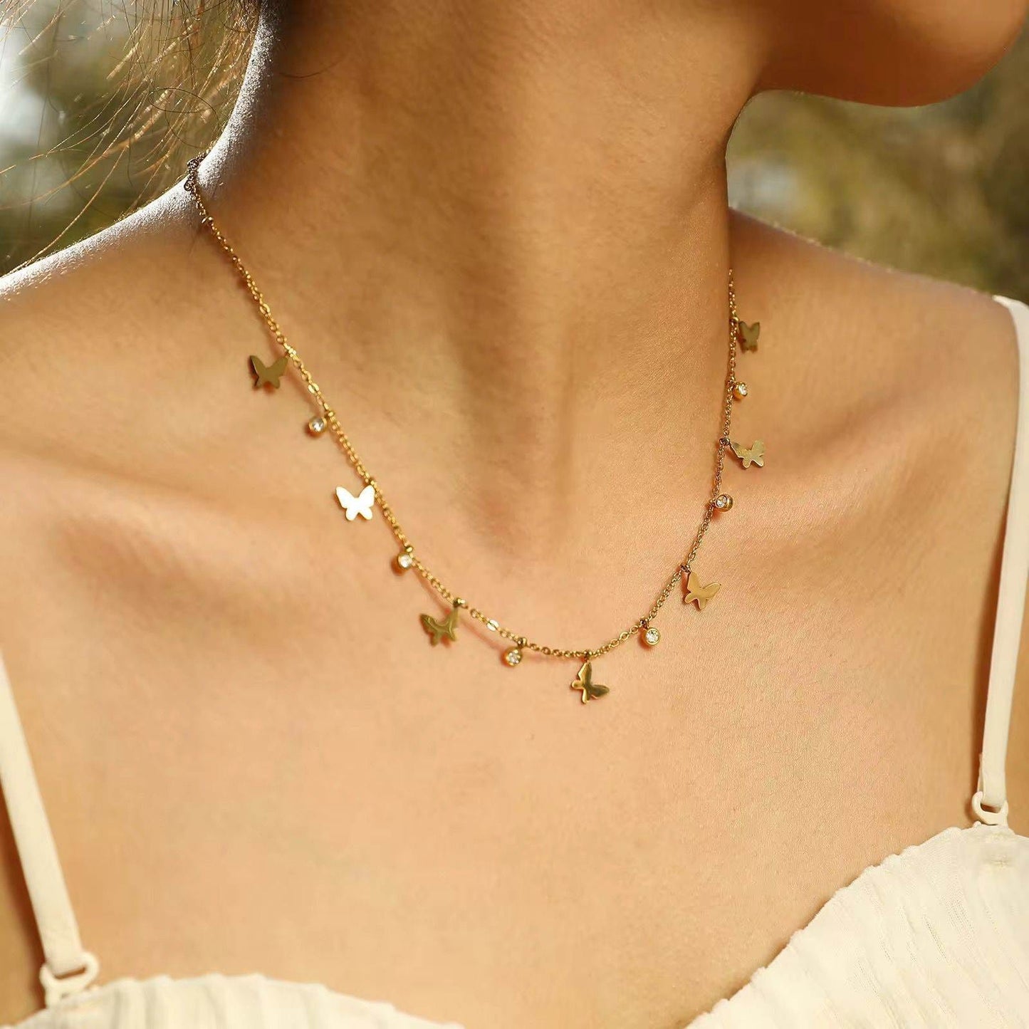 Butterfly Diamond Charms Necklace Gold Plated, Waterproof and Anti-Tarnish
