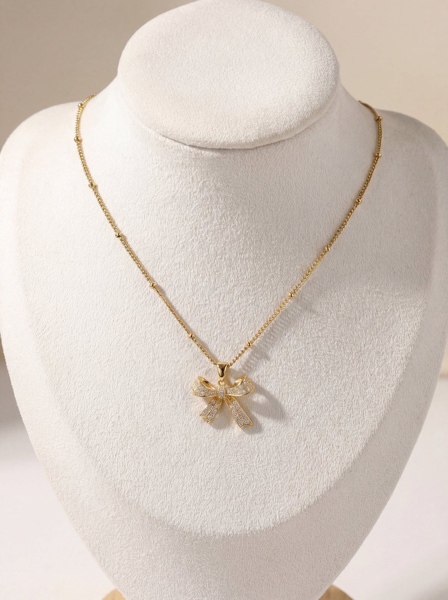 Iced Bow Necklace, Rose Bow Necklace, Small Bow Earrings & Snake Chain Necklace Combo