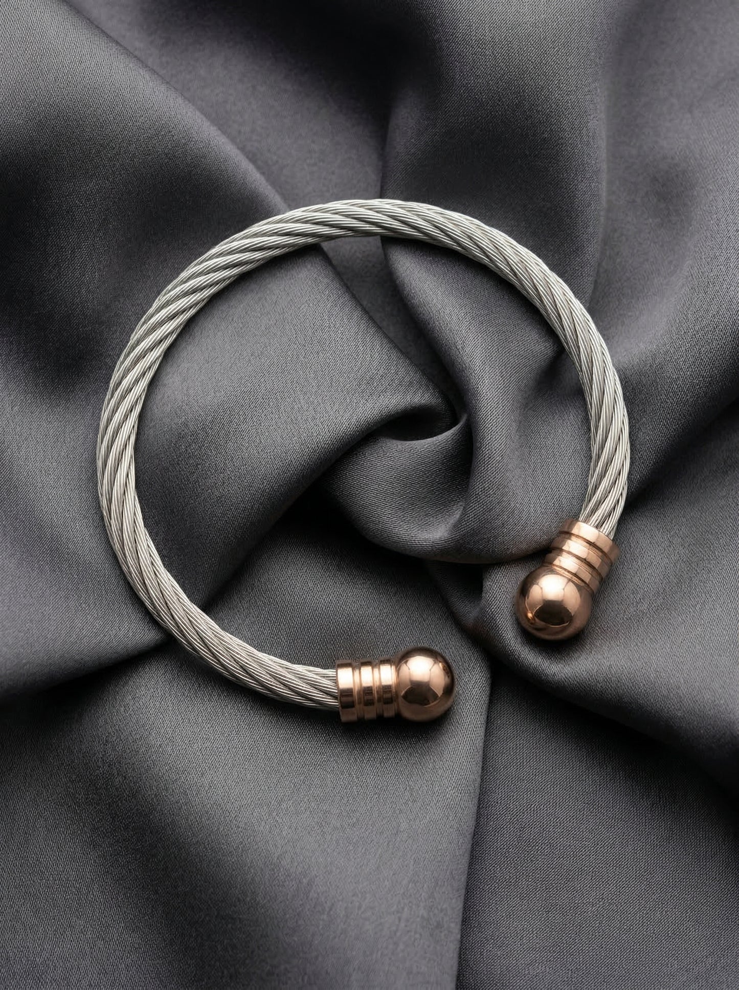 Silver Rope Cable Men’s Kada with Rose Gold Ends