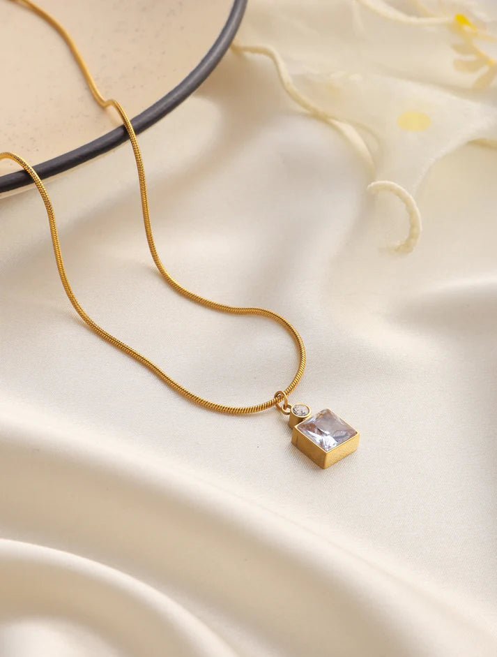 Green Emerald Diamond Necklace Gold Plated + Pink Emerald Rose Quartz Necklace + Emerald Diamond Necklace 2.0 Gold Plated
