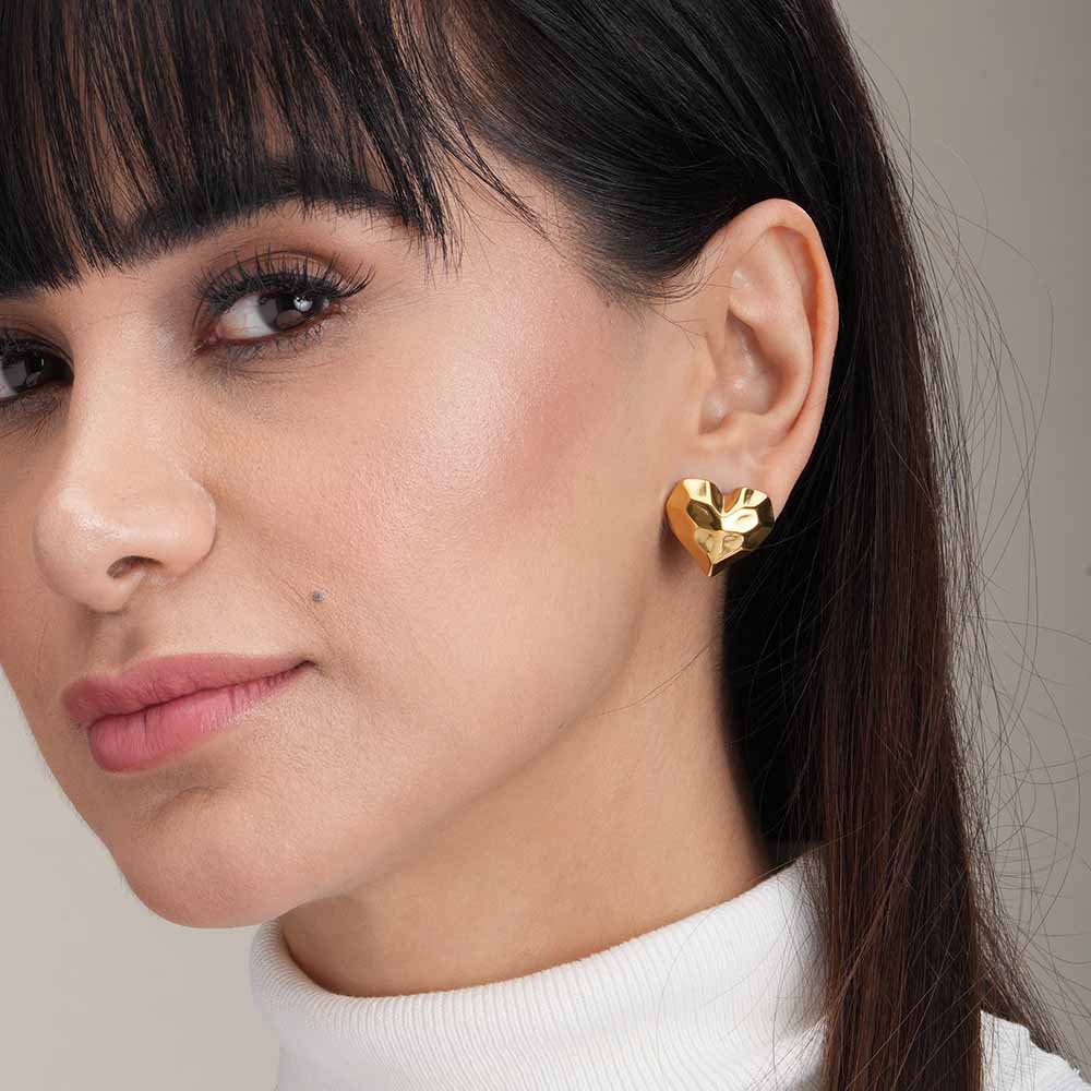 Crucible Heart Stud Earrings Gold Plated, Waterproof and Anti-Tarnish