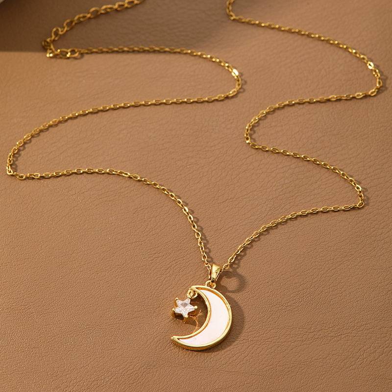 Mother Pearl Moon Star Necklace Gold Plated, Waterproof and Anti-Tarnish