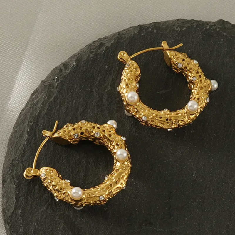 Rugged Pearl Hoops Earrings Gold Plated, Waterproof and Anti-Tarnish