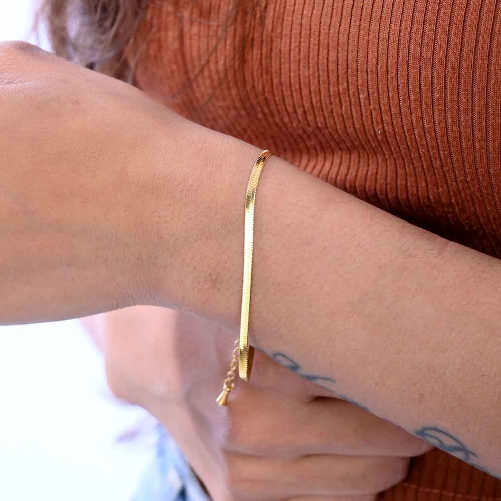 Snake Bracelet Gold Plated, Anti-Tarnish, Waterproof 8.5 inches with Extension & Heart Charm