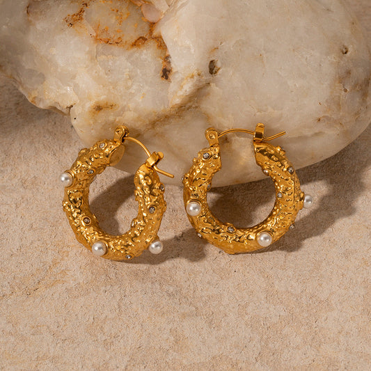 Rugged Pearl Hoops Earrings Gold Plated, Waterproof and Anti-Tarnish