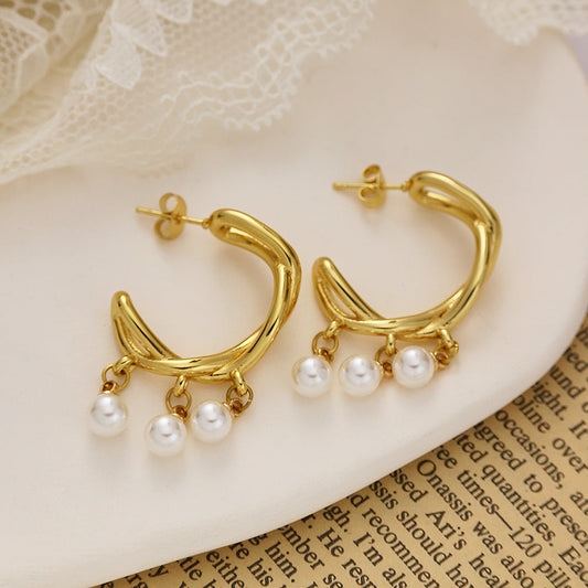 Cresent Pearl Hoops Earrings Gold Plated, Waterproof and Anti-Tarnish