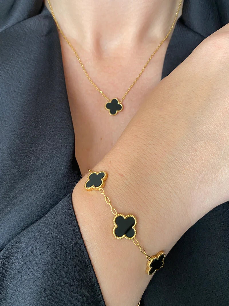 Elegant Luck Black Clover Necklace + Golden Touch Black Clover Bracelet Combo