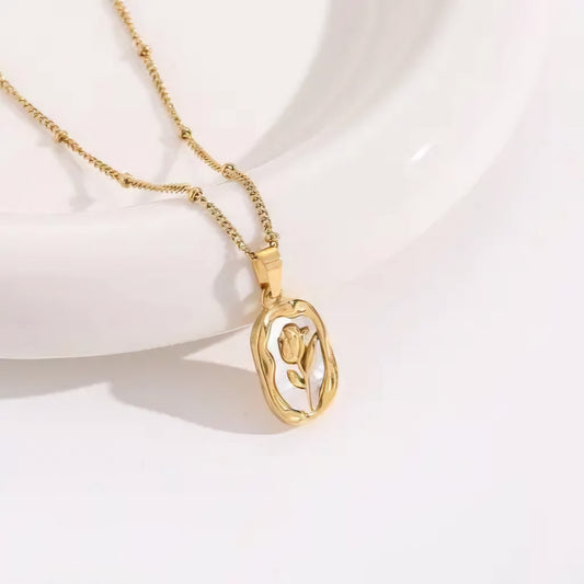 Rose Enamel Chain Necklace Gold Plated, Waterproof and Anti-Tarnish