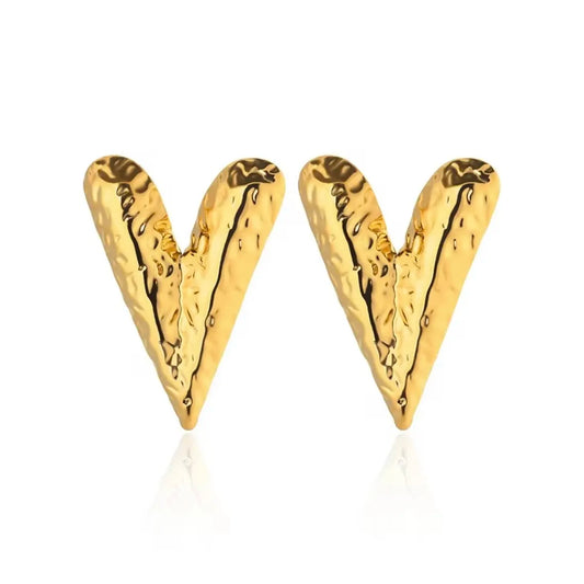 Long Hammered Heart Earrings Gold Plated, Waterproof and Anti-Tarnish