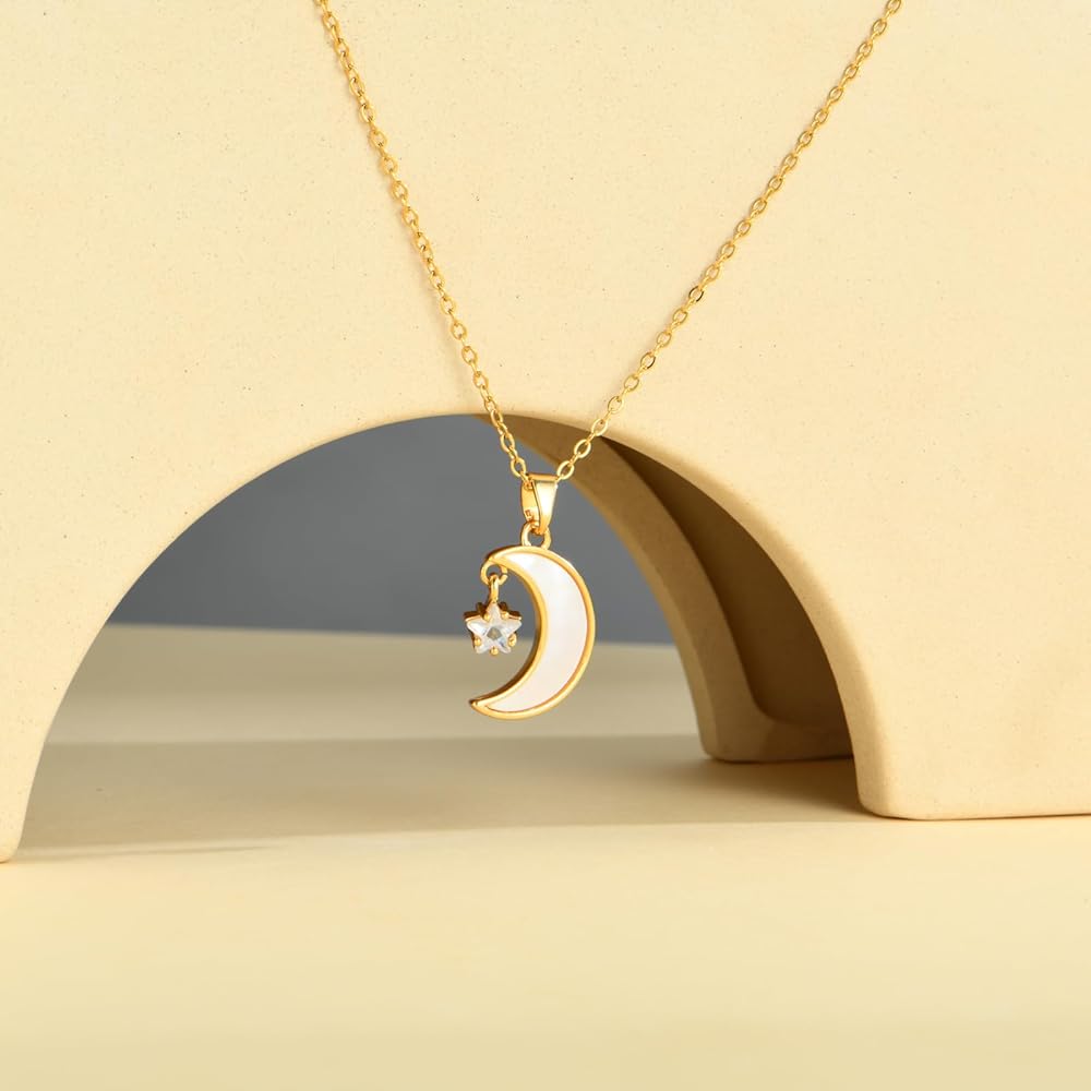 Mother Pearl Moon Star Necklace Gold Plated, Waterproof and Anti