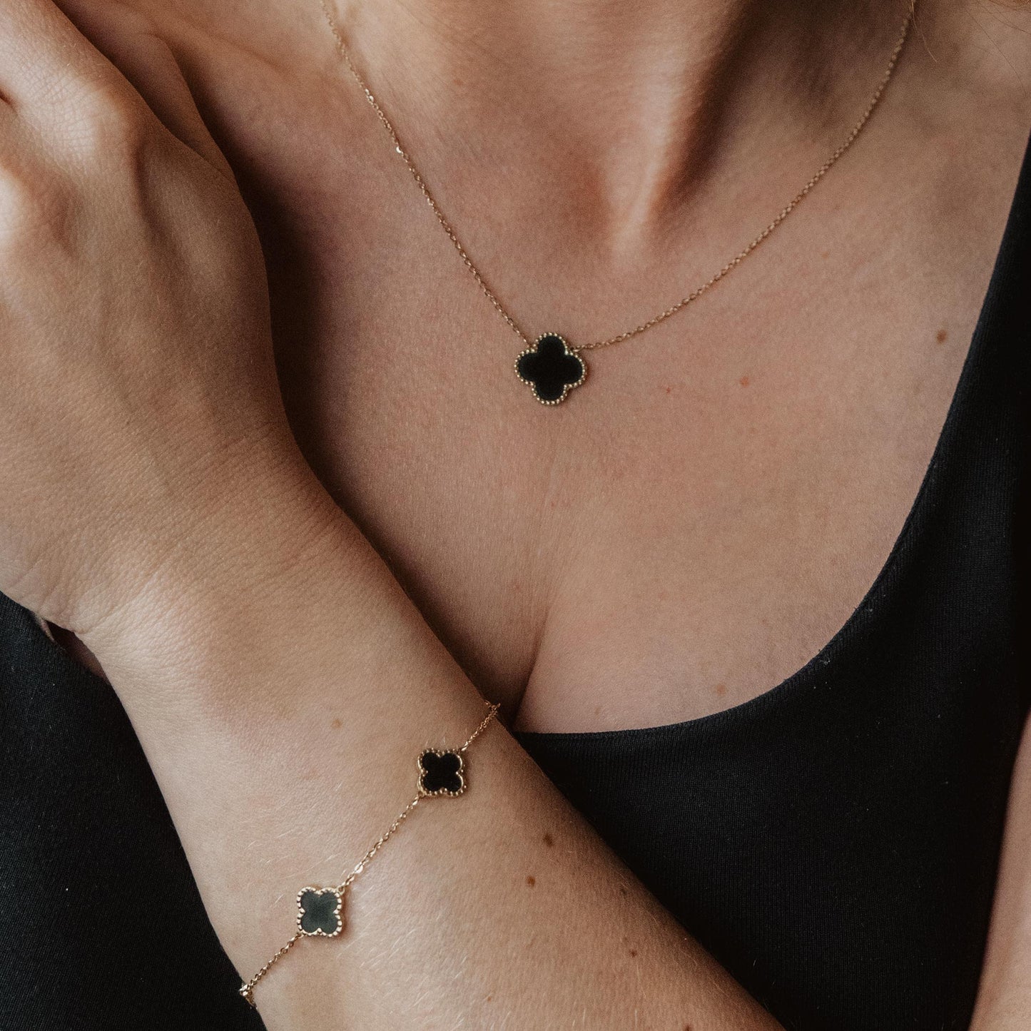 Elegant Luck Black Clover Necklace + Golden Touch Black Clover Bracelet Combo
