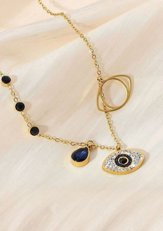 Blue Sapphire Evil Eye Necklace Gold Plated, Waterproof and Anti-Tarnish