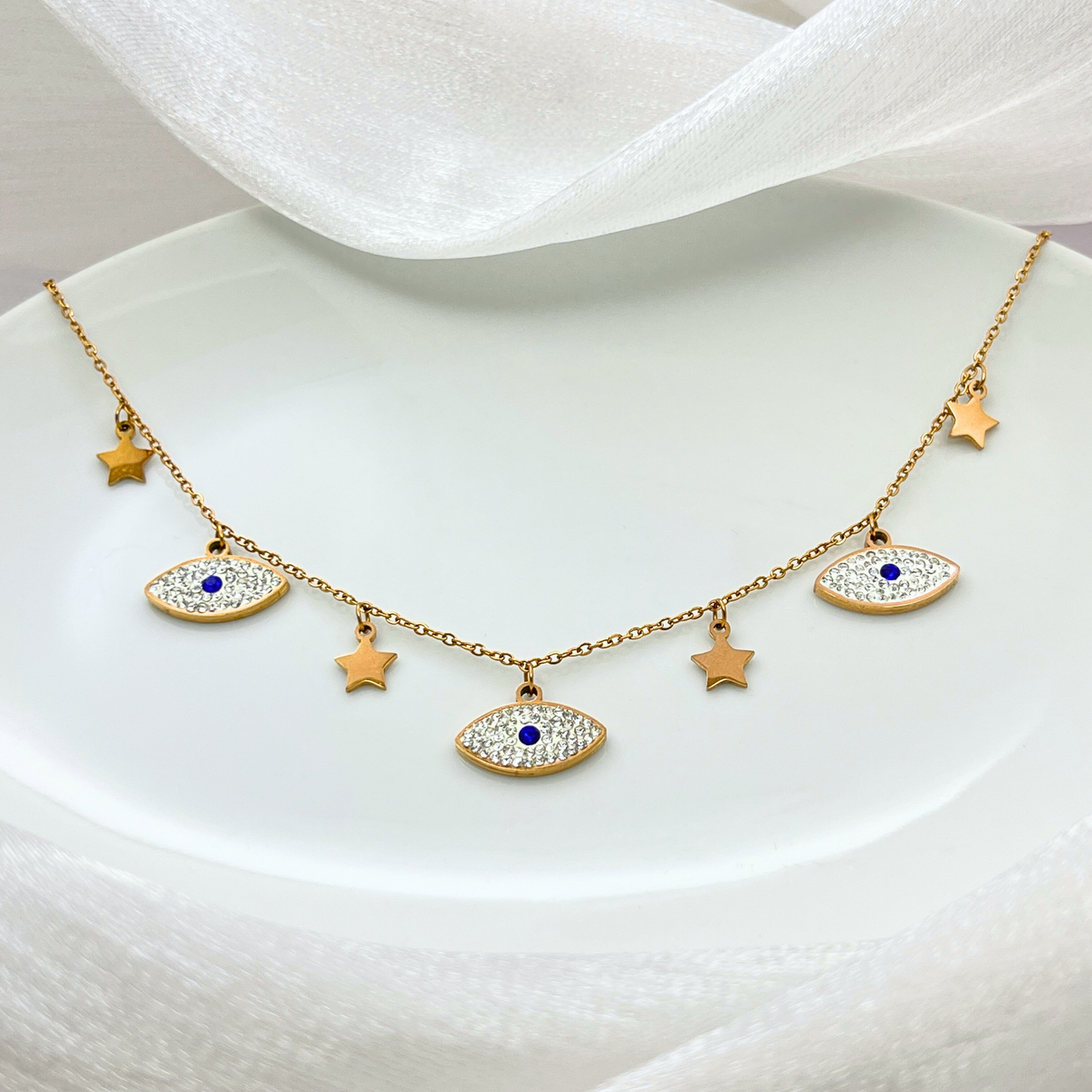 Evil Eye Star Charm Necklace Gold Plated, Waterproof and Anti-Tarnish