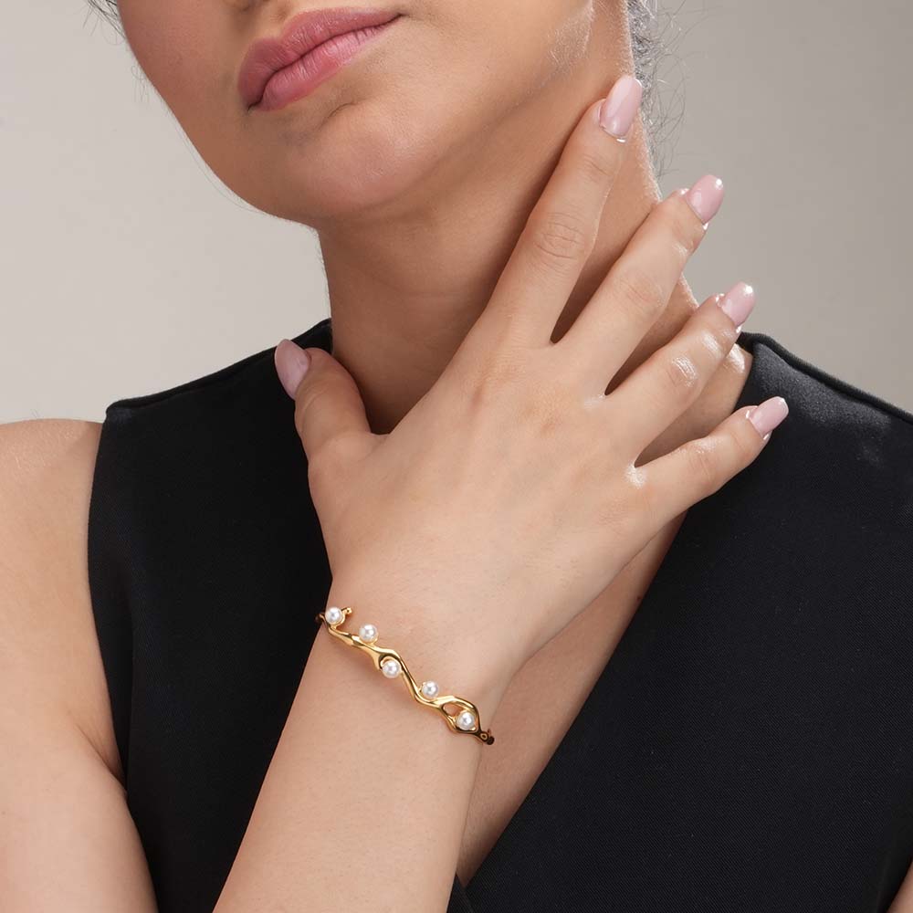 Pearl Breeze Kada Adjustable Size 18k Gold Plated, Waterproof and Anti-Tarnish