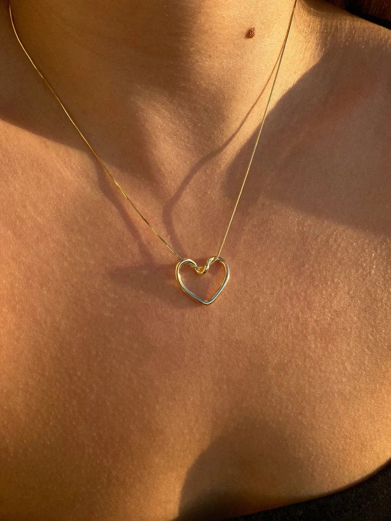 Knot Heart Necklace + Long Hammered Heart Earring Combo