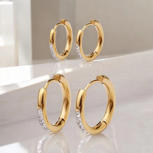 Blue Rose Enamel Necklace Gold Plated + Set of 2 Diamond Hoops Small and Big Earrings Gold Plated