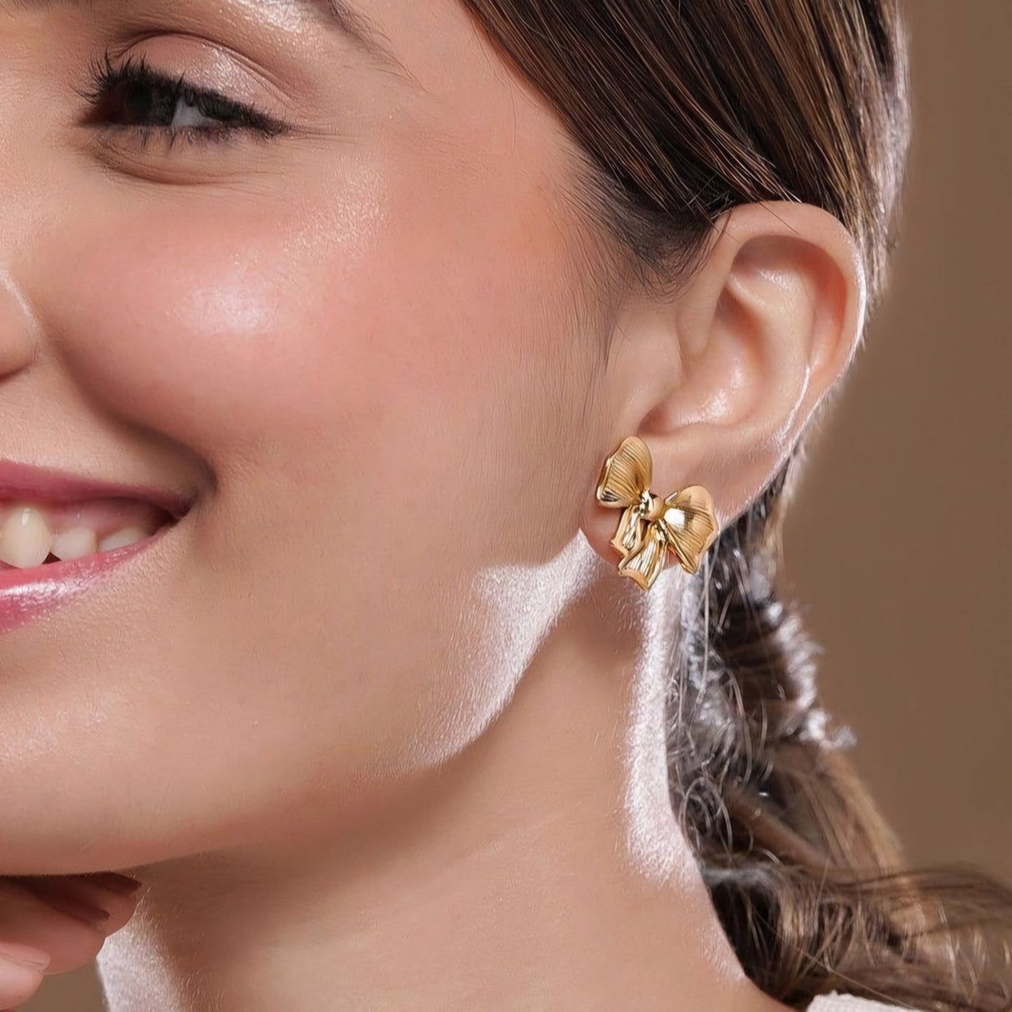Wrinkle Bow Earrings Gold Plated, Waterproof and Anti-Tarnish