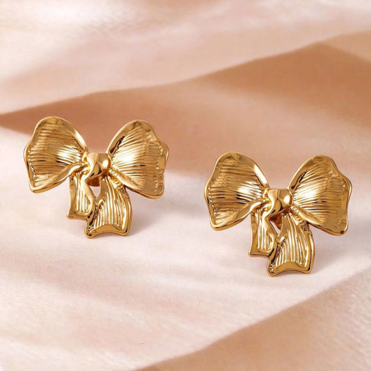 Wrinkle Bow Earrings Gold Plated, Waterproof and Anti-Tarnish