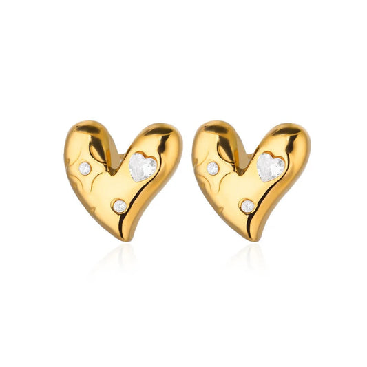 Diamond Heart Stud Earrings Gold Plated, Waterproof and Anti-Tarnish