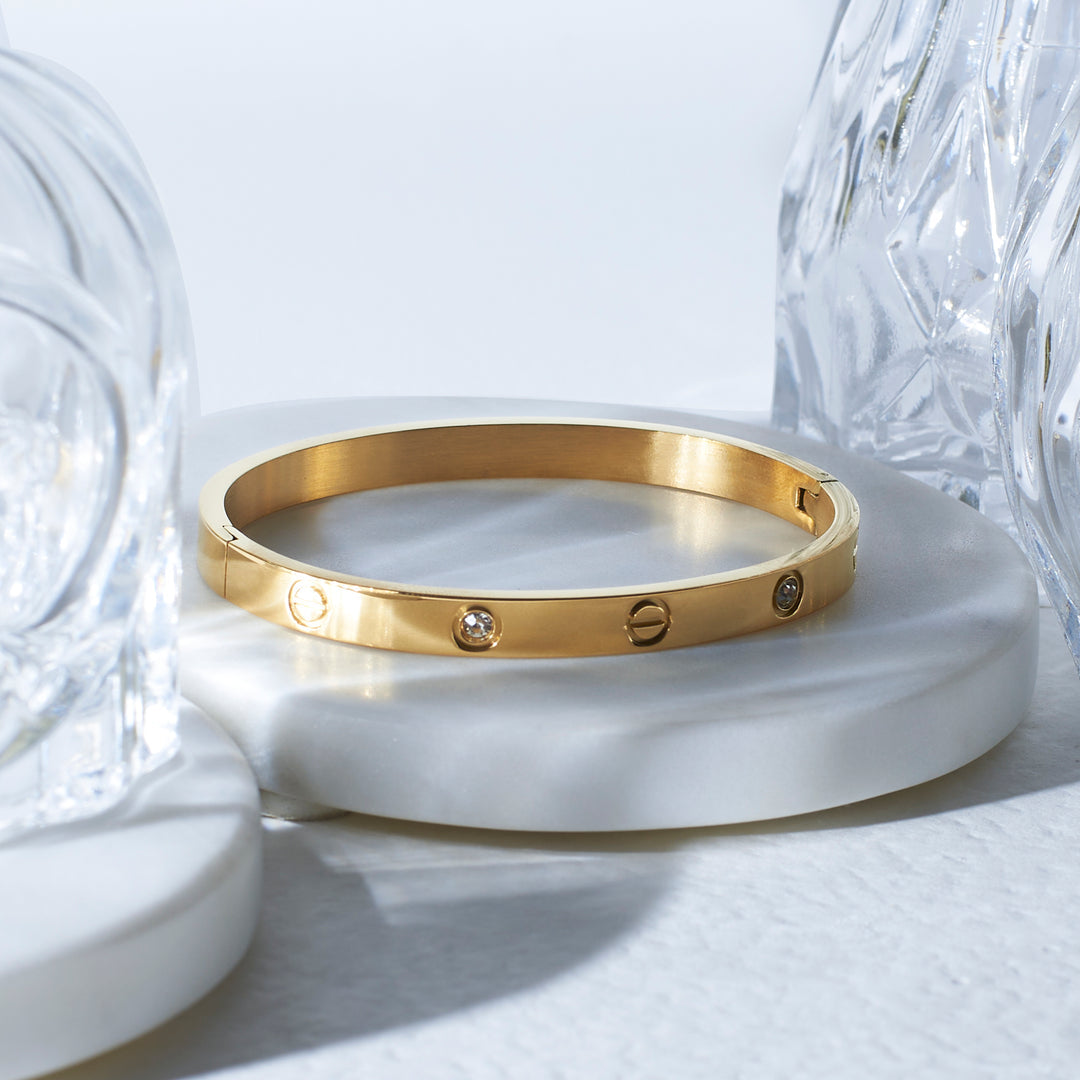 Snake Chain + Snake Bracelet + Classic V Diamond Studded Adjustable Ring + Cartier Inspired Love Bracelet Kada Gold Plated Combo