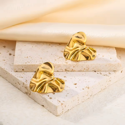Wavy Heart Stud Earrings Gold Plated, Waterproof and Anti-Tarnish