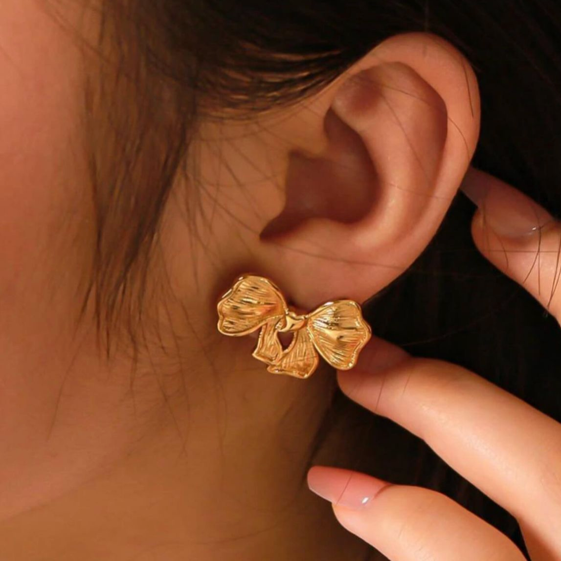 Wrinkle Bow Earrings Gold Plated, Waterproof and Anti-Tarnish