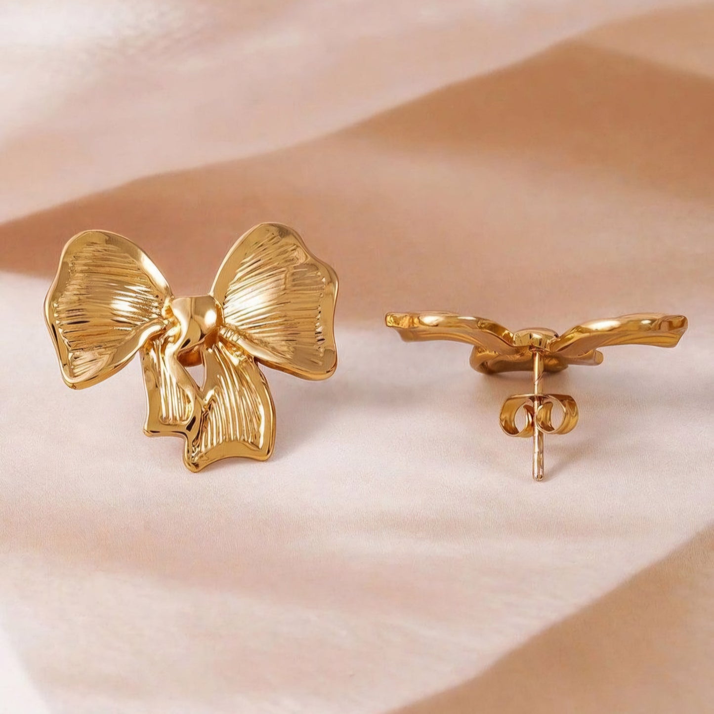 Wrinkle Bow Earrings Gold Plated, Waterproof and Anti-Tarnish