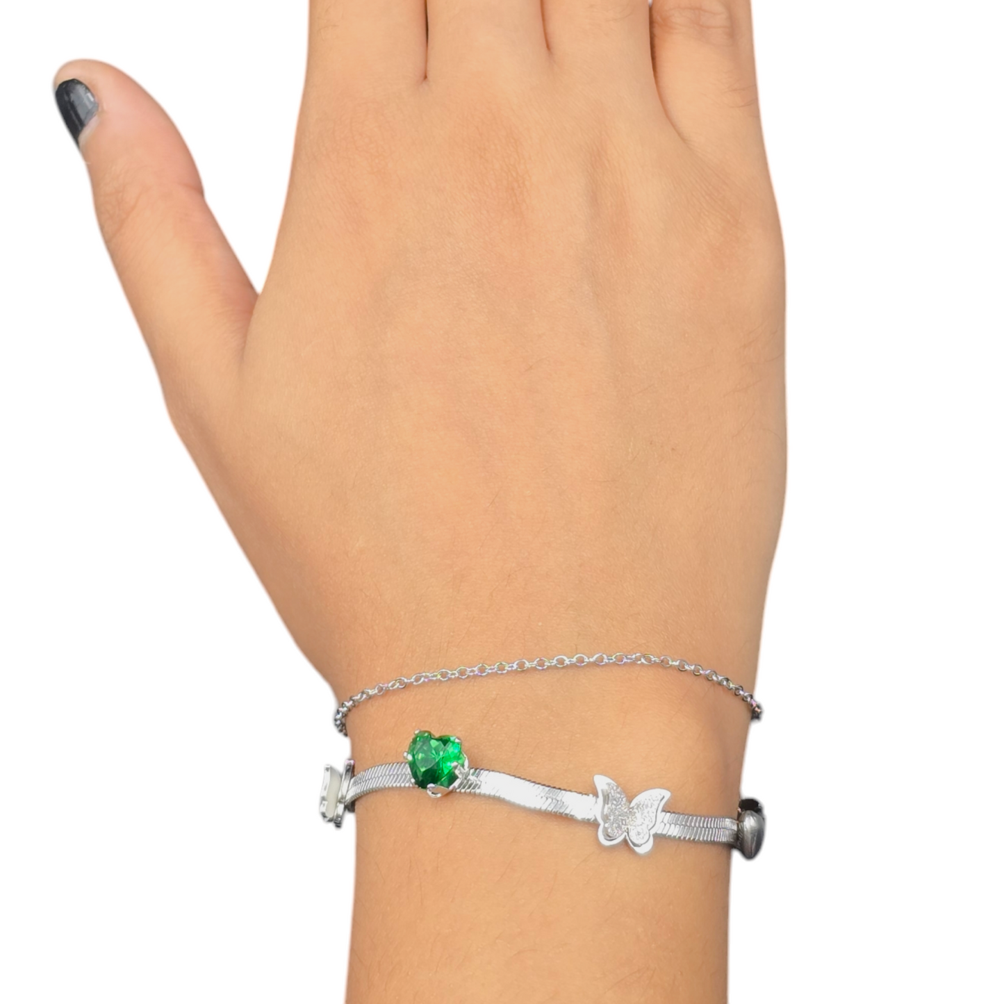 Butterfly Emerald Snake Bracelet Silver Plated, Waterproof and Anti-Tarnish - 8 inches