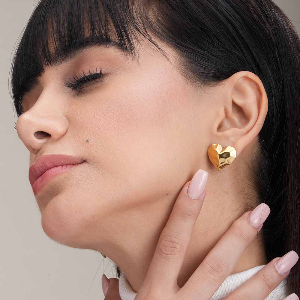Crucible Heart Stud Earrings Gold Plated, Waterproof and Anti-Tarnish