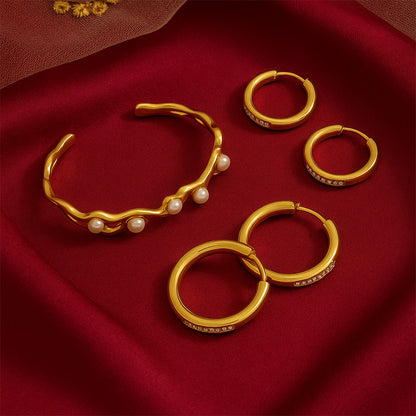 Pearl Breeze Kada Adjustable Size 18k Gold Plated + Set of 2 Diamond Hoops Small and Big  Earrings Gold Plated