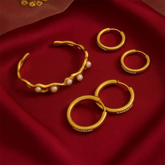 Pearl Breeze Kada Adjustable Size 18k Gold Plated + Set of 2 Diamond Hoops Small and Big  Earrings Gold Plated
