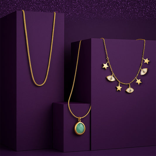 Snake Chain Gold Plated + Mystic Eye Protection Necklace + Evil Eye Star Charm Necklace Gold Plated