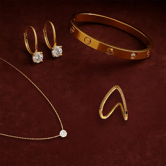 Solitaire Earrings 0.5mm Gold Plated + Diamond Necklace NLCP105G Gold Plated + Cartier Inspired Love Bracelet Kada 18K Gold Plated + Classic V Diamond Studded Adjustable Ring Gold Plated AR49