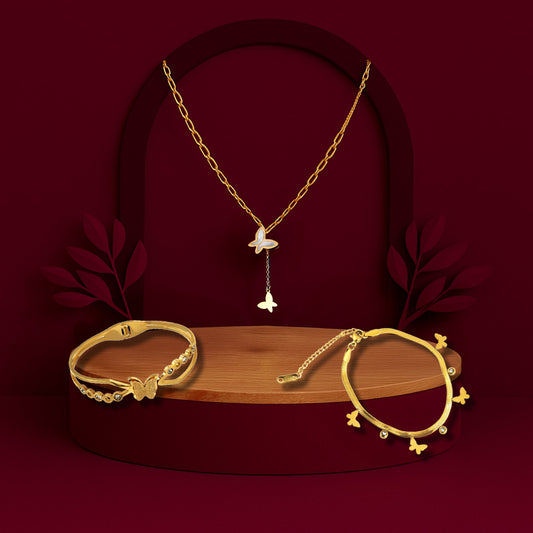 Twin Butterfly Charm Necklace + Butterfly Diamond Kada 18K Gold Plated + Butterfly Diamond Snake Bracelet Gold Plated