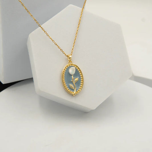 Blue Rose Enamel Necklace Gold Plated + Tri Petal Earrings Gold Plated + Cartier Inspired Love Bracelet Kada 18K Gold Plated