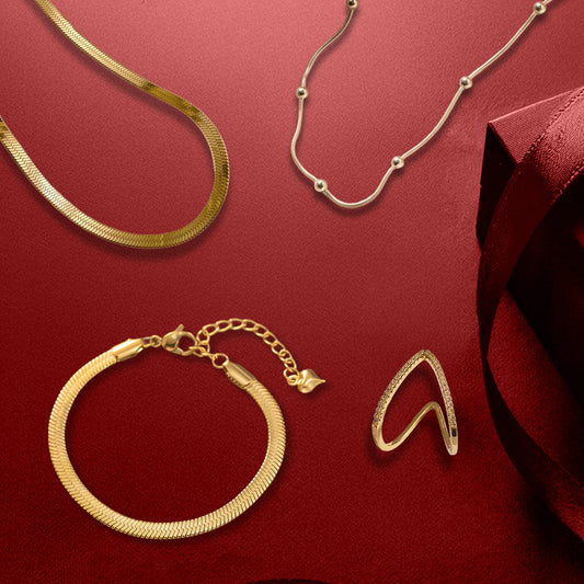 Snake Chain Gold Plated + Snake Bracelet Gold Plated + Vintage Snake 2.0 Chain 18K Gold Plated + Classic V Diamond Studded Adjustable Ring Gold Plated AR49