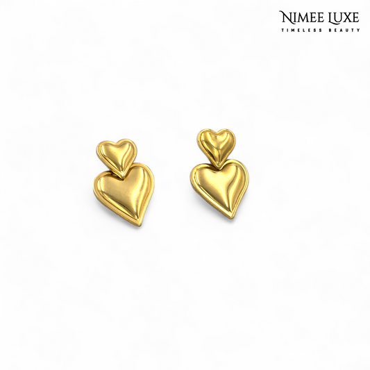 Double Hearts Gold Earrings NLE123G Gold Plated, Waterproof and Anti-Tarnish