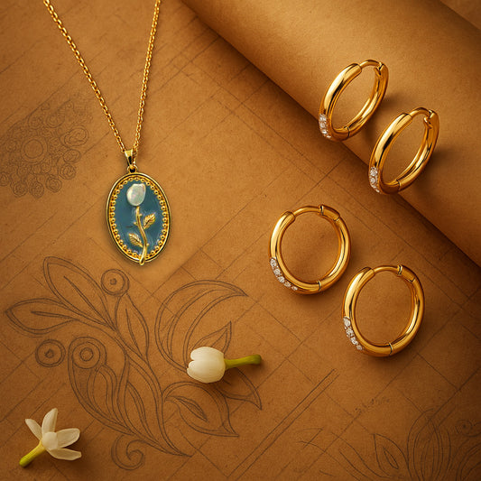 Blue Rose Enamel Necklace Gold Plated + Set of 2 Diamond Hoops Small and Big  Earrings Gold Plated